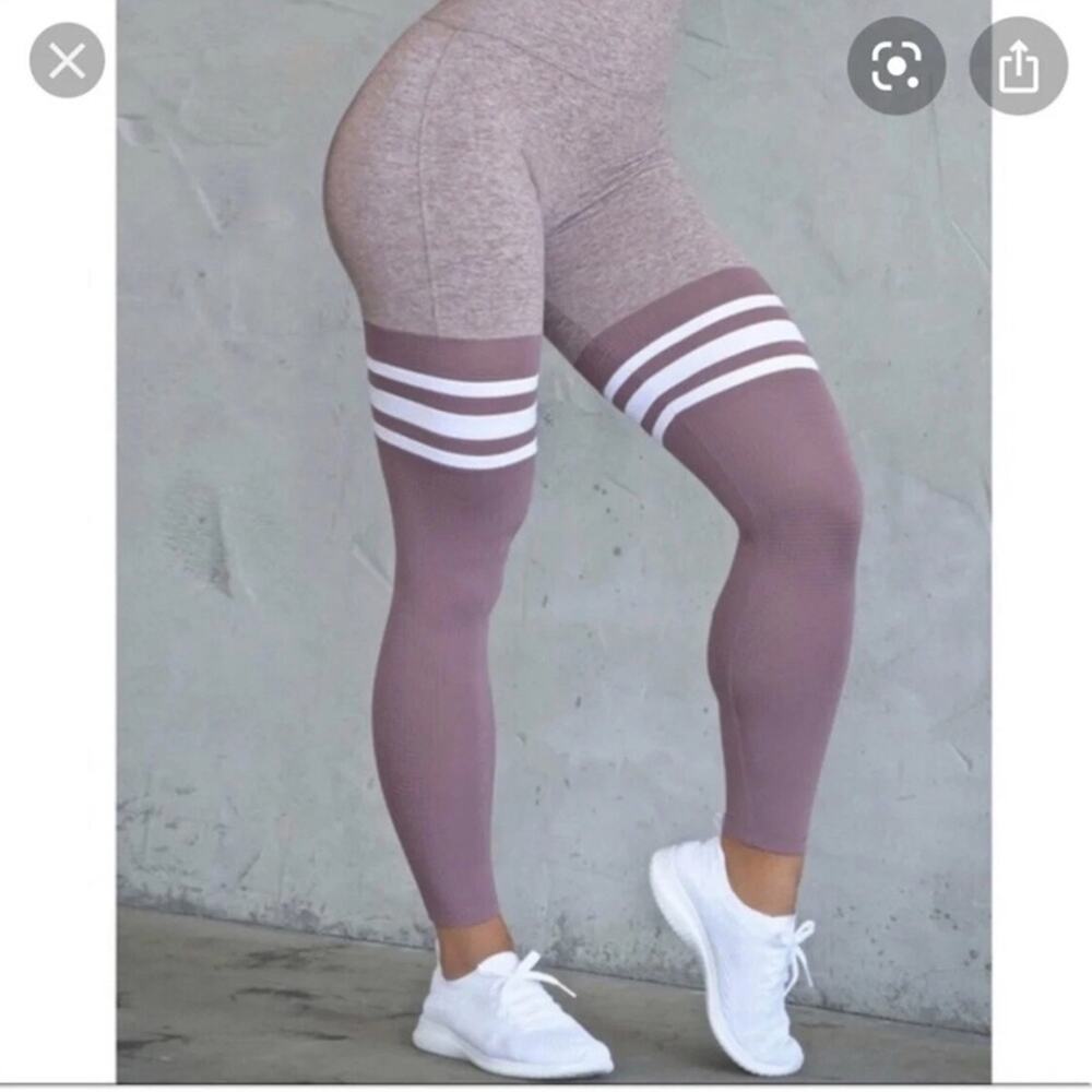 Bombshell Sportswear High Waist Thigh High Leggings Mauve White Stripe SOLD OUT